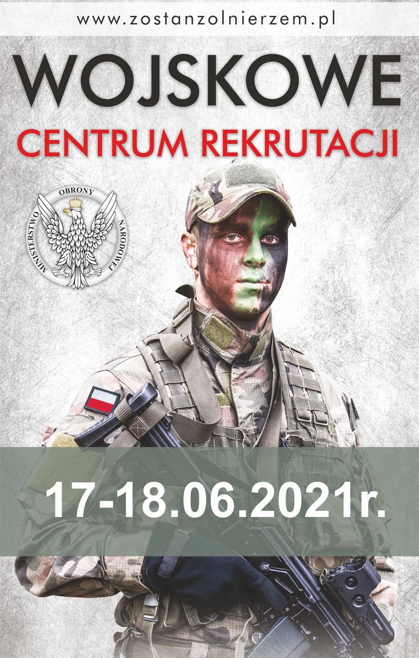 plakat informacyjny, żołnierz w mundurze z flagą polską