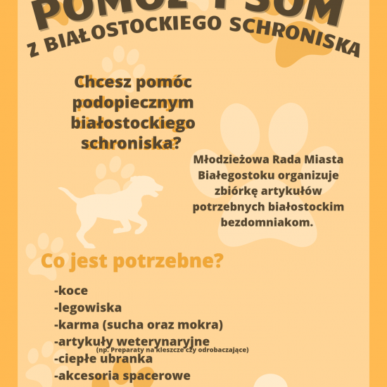 plakat informacyjny, żółty, pomóż psom z białostockiego schroniska