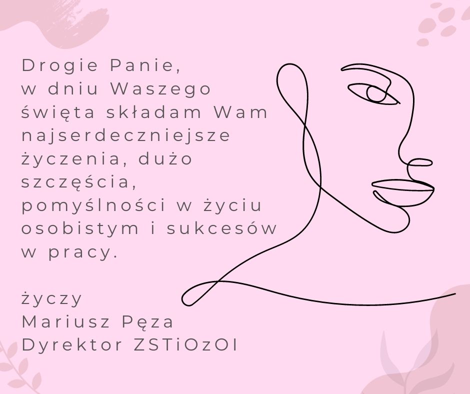 tekst życzeń na różowym tle, zarys twarzy kobiecej