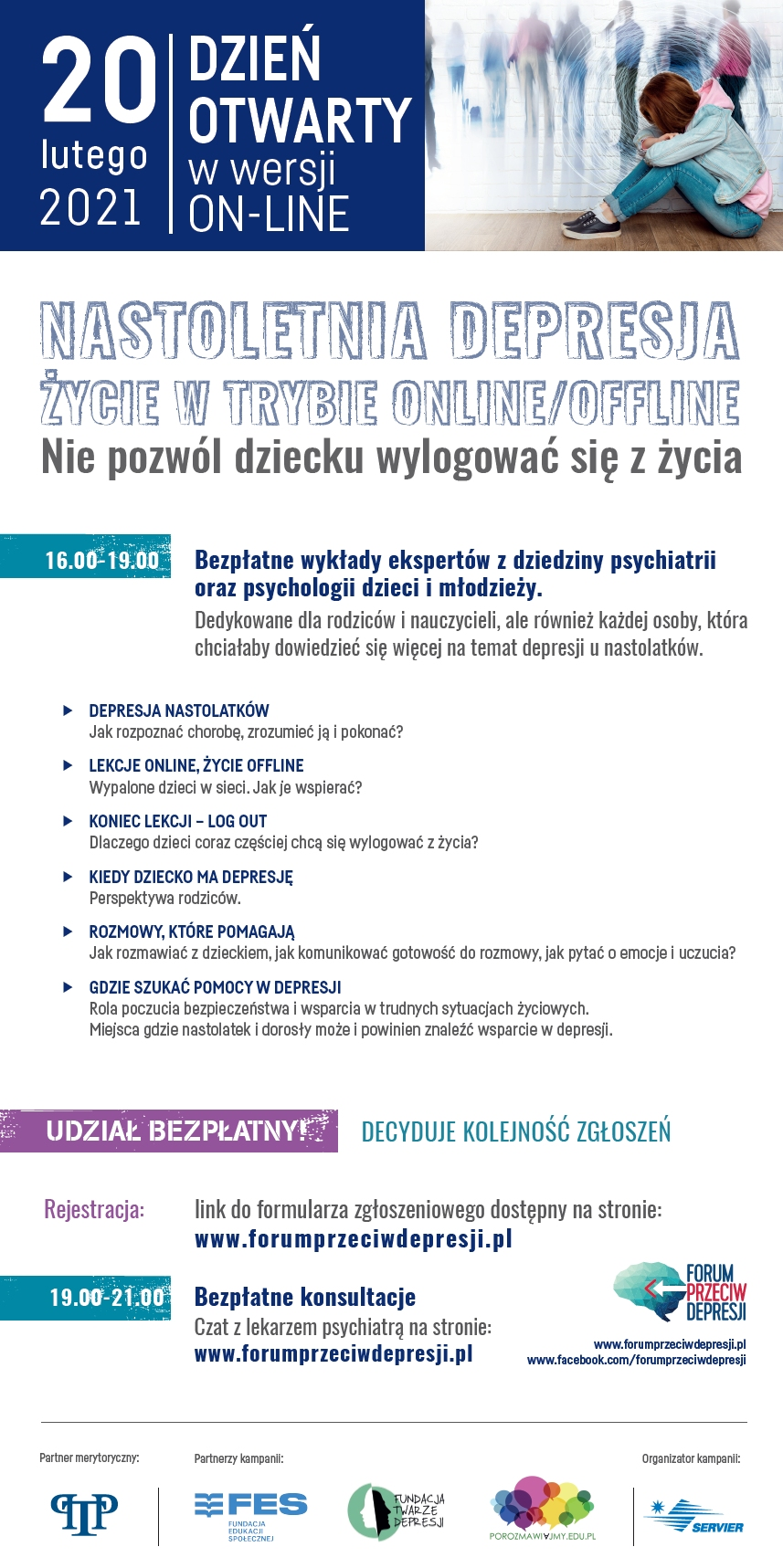 Plakat informacyjny, dziewczyna w niebiesich spodiach i błękitnej bluzie, w tle ludzie