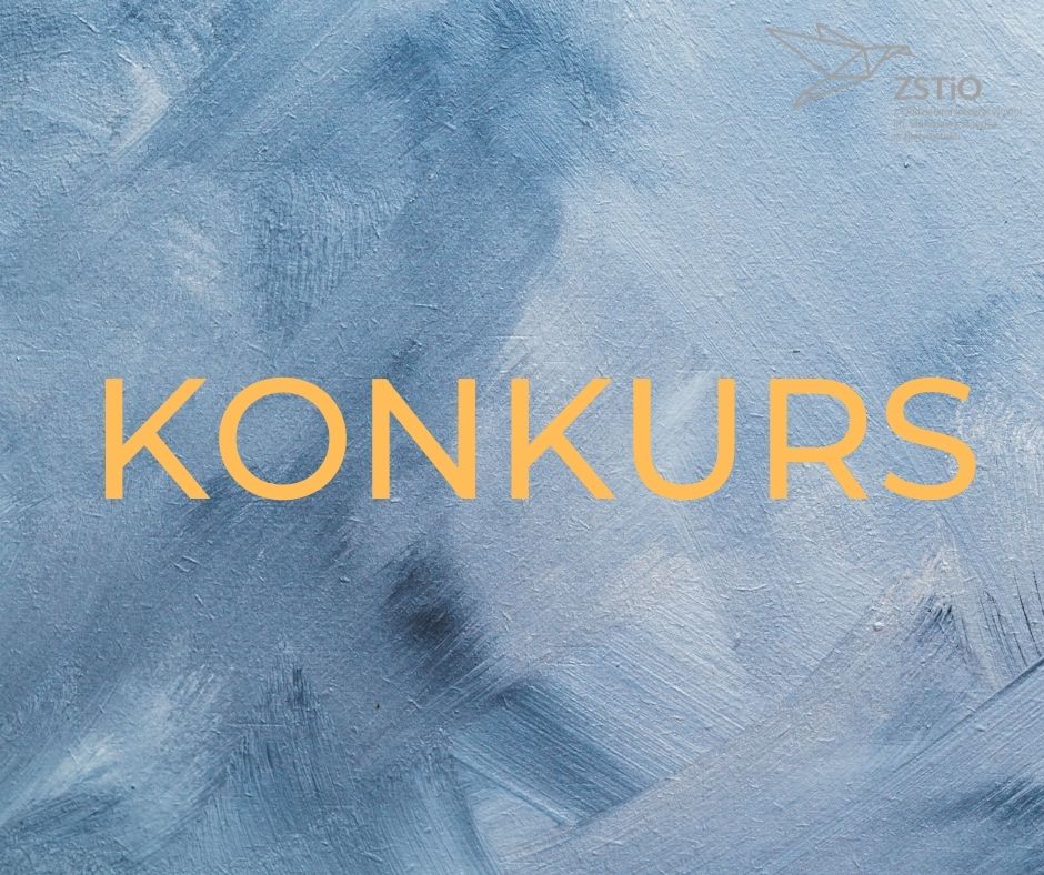 Jasne niebieskie tło malowane farbami, napis Konkurs