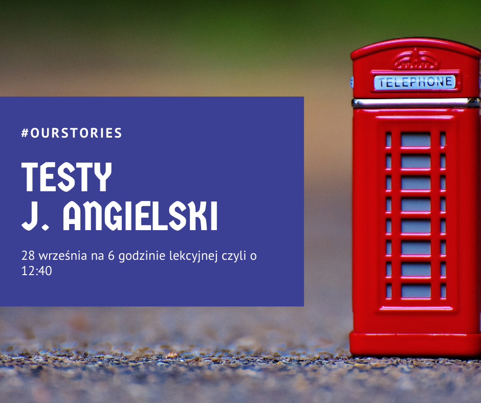 budka telefoniczna w stylu angielskim, napis testy z języka angielskiego