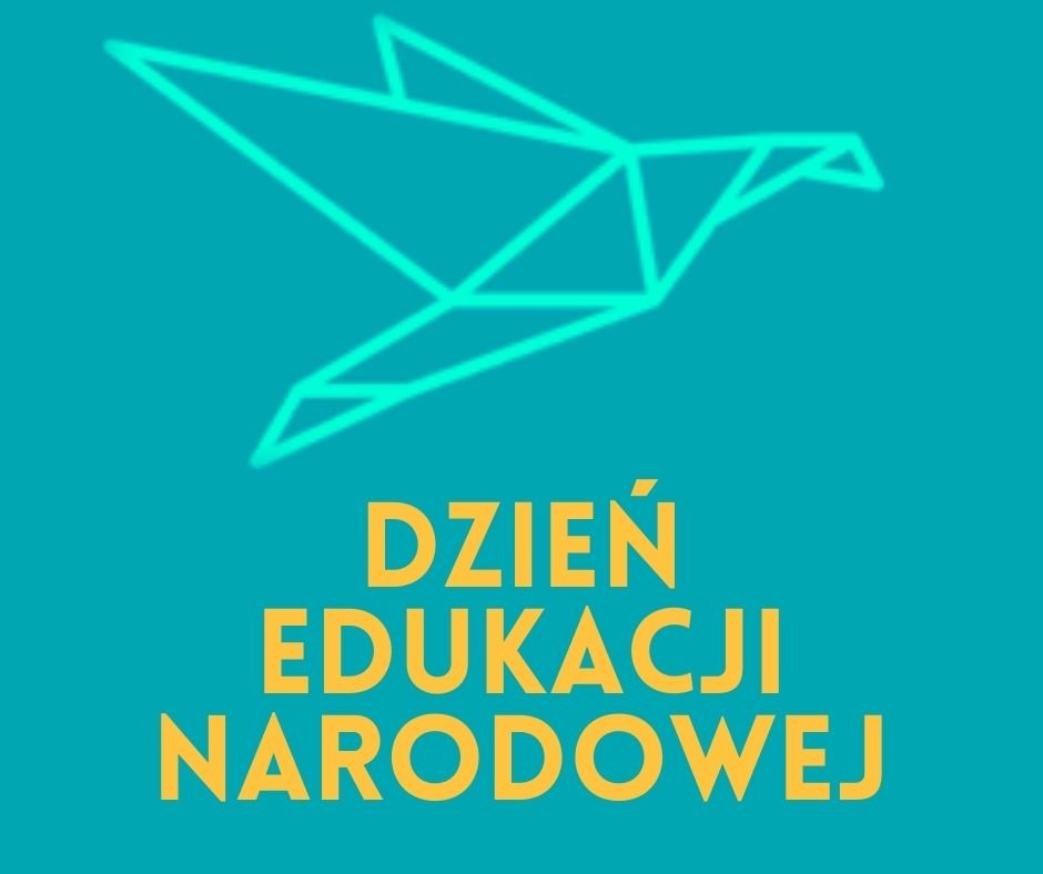 logo szkoły, graficzny ptak, napis dzień edukacji narodowej