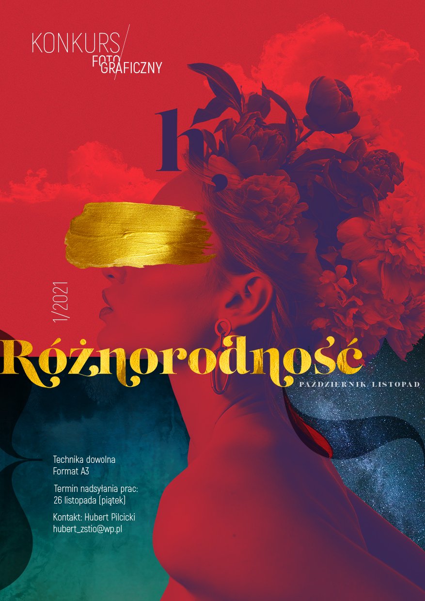 plakat, wzierunek kobiety, na oczach złota farba, góra czerwona, dół zielony, złoty napis Różnorodność