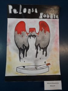 plakat, płuca ociekające krwią, papieros, popielniczka