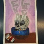 plakat, czaszka, w czaszce papieros, popielniczka, opakowanie po papierosach