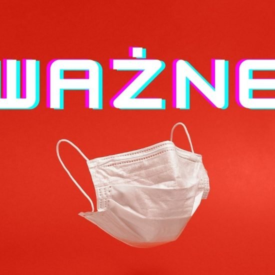 maseczka na czerwonym tle, na górze napis ważne