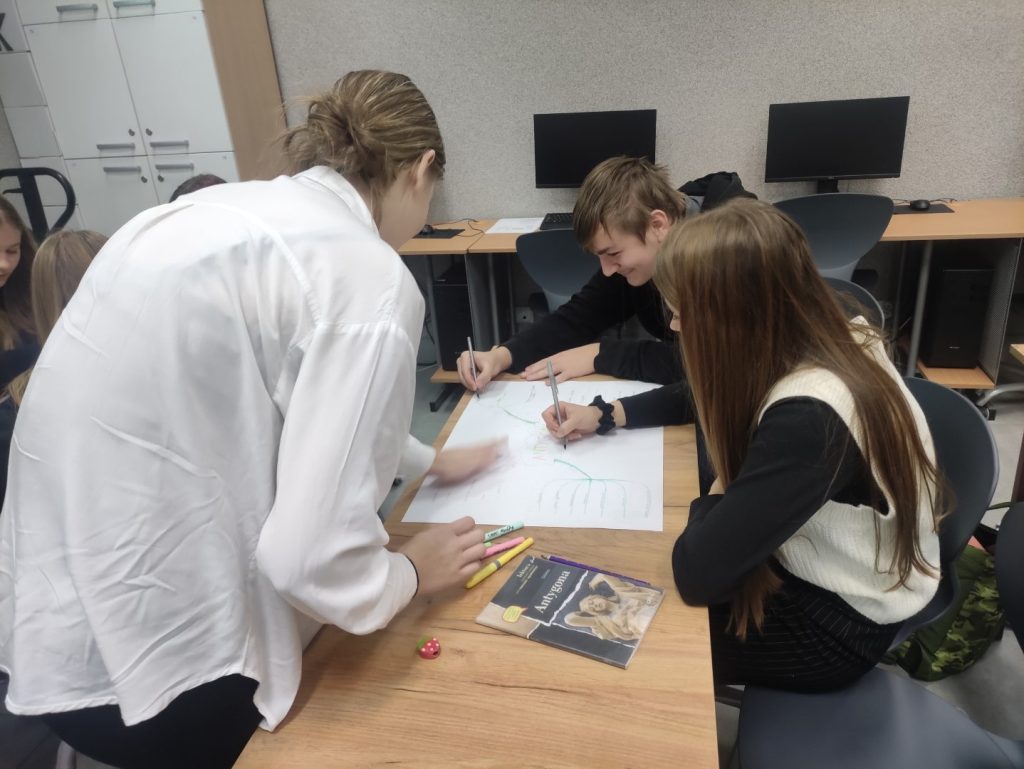 5 uczennic siedzi przy biurku, na stole piórniki, mazaki, kredki, kartki